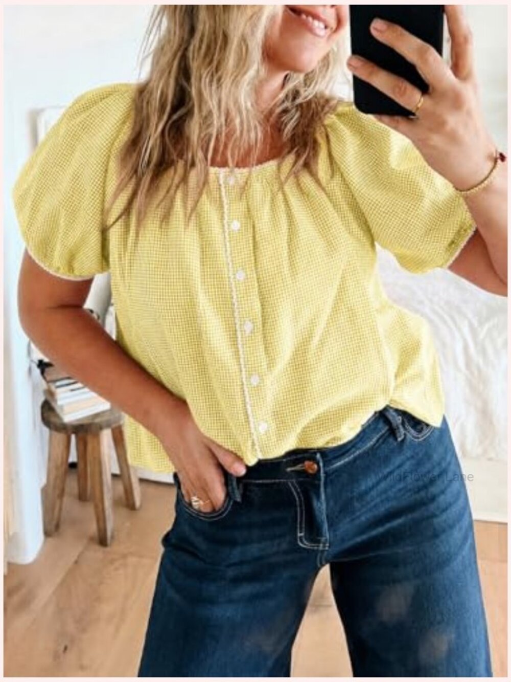 Women Puff Sleeve Gingham Blouse Summer Plaid Crew Neck Cute Tops Trendy Casual - Picture 4 of 7